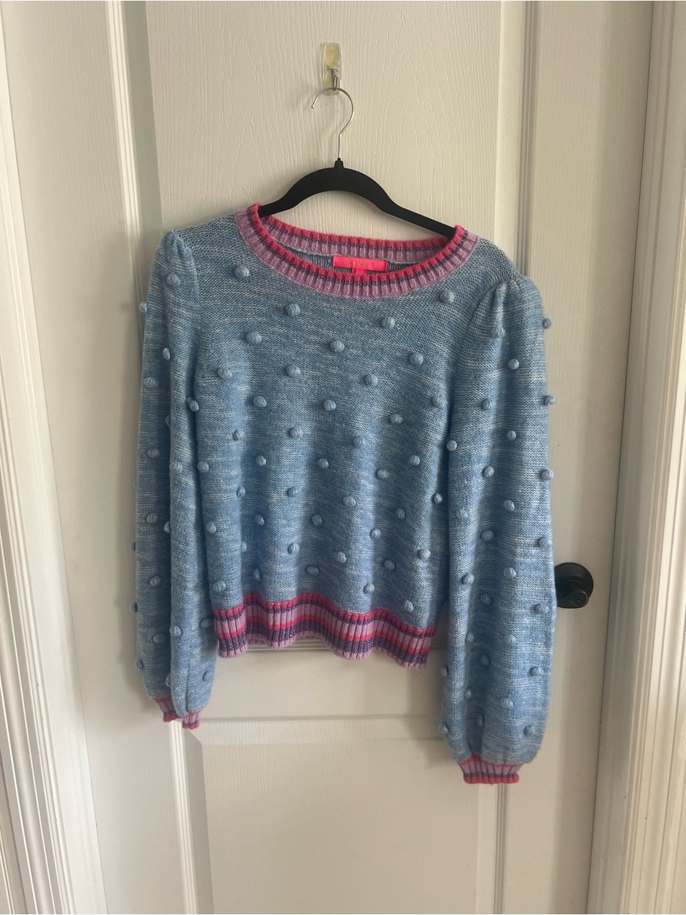 Lilly Pulitzer Light Blue Pom-Pom Crewneck Sweater with Pink Trim